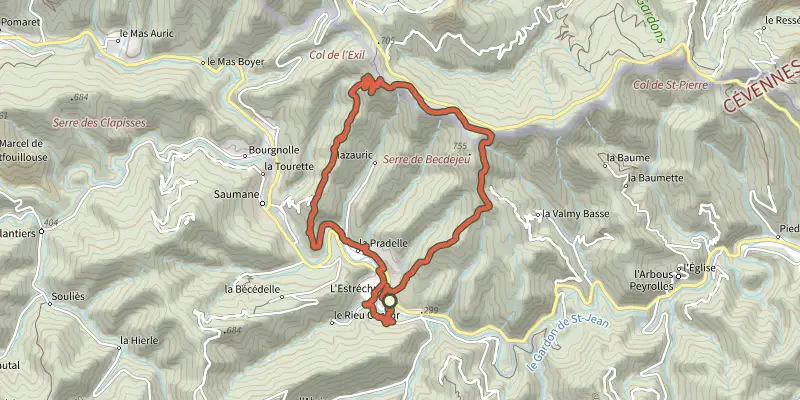 Carte du tracé de Chemin des fileuses sur le Plan IGN, départ et points de passage numérotés