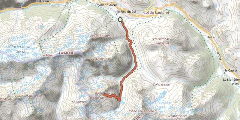 Map of the Adèle Planchard Refuge track on the IGN map, with the start and numbered waypoints