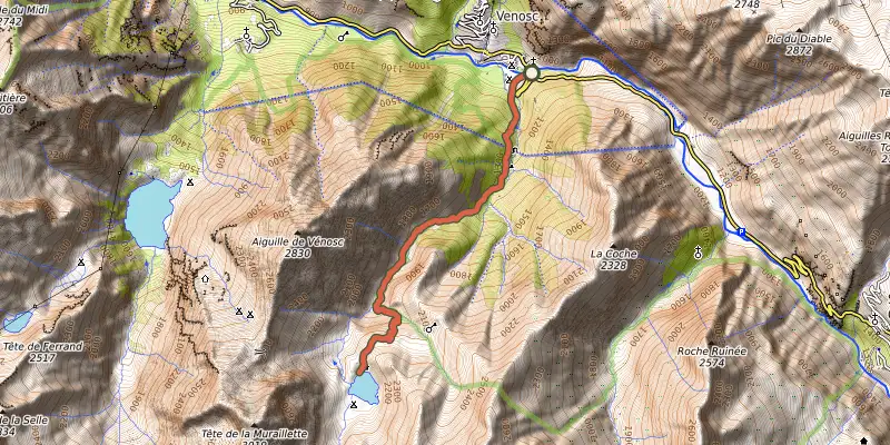 Carte du tracé de Le lac de la Muzelle sur OpenTopoMap, départ et points de passage numérotés