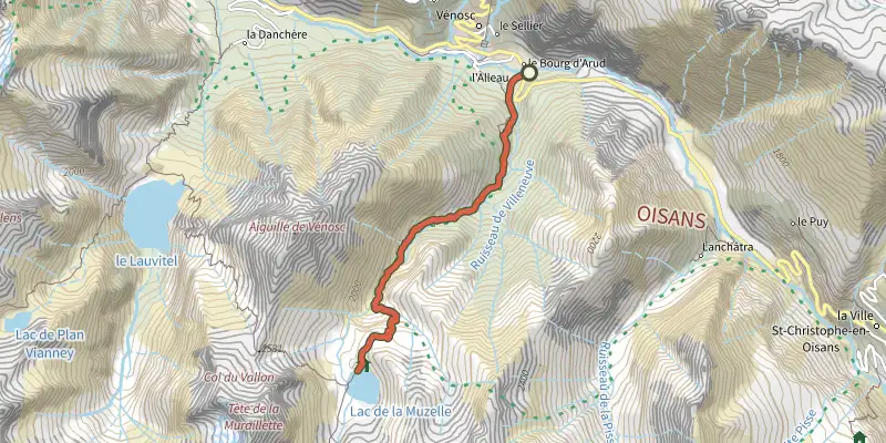 Carte du tracé de Le lac de la Muzelle sur le Plan IGN, départ et points de passage numérotés
