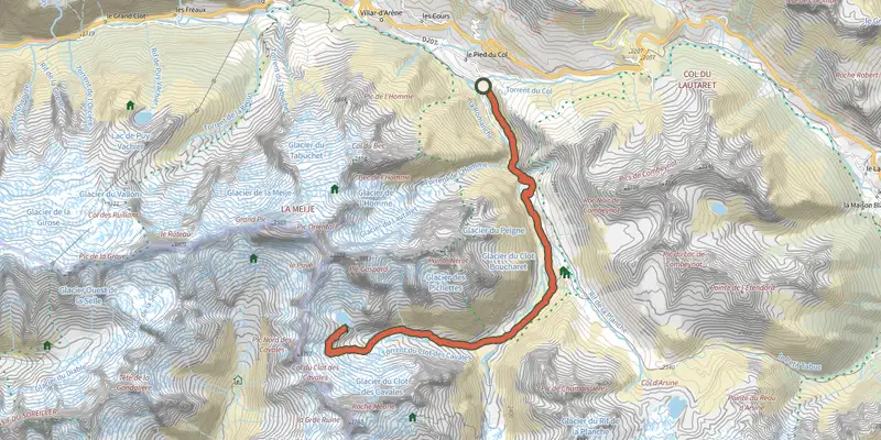 Map of the Pavé lake and mountain refuge track on the IGN map, with the start and numbered waypoints