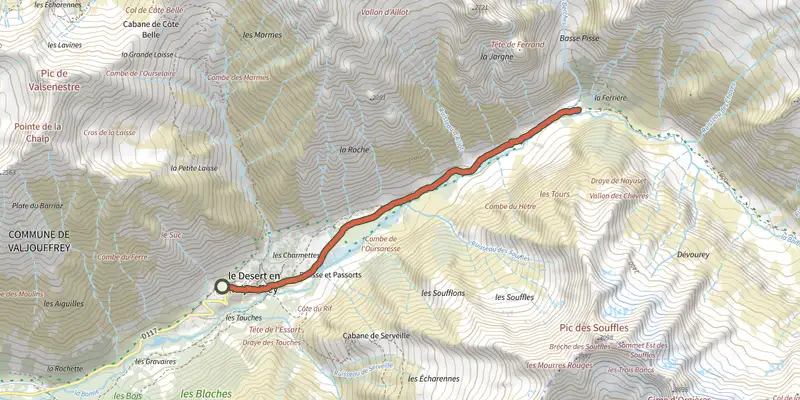 Map of the The Pisse waterfall track on the IGN map, with the start and numbered waypoints