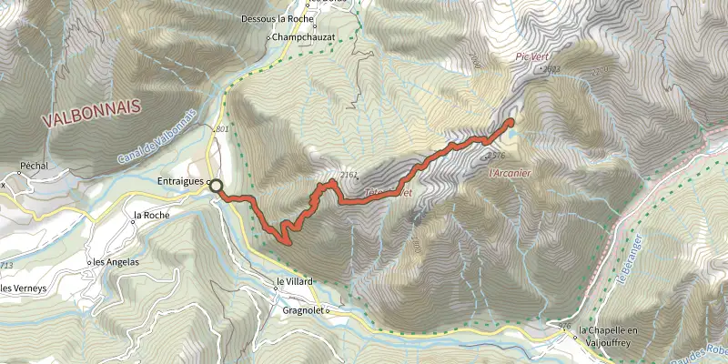 Carte du tracé de Le lac Gary par le Vet sur le Plan IGN, départ et points de passage numérotés