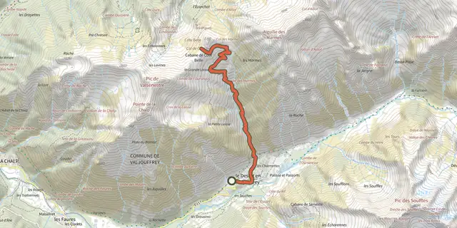 The Mountain pass by Côte Belle by the Desert track on the IGN map