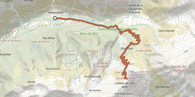 The Col de Côte Belle from Valsenestre track on the IGN map