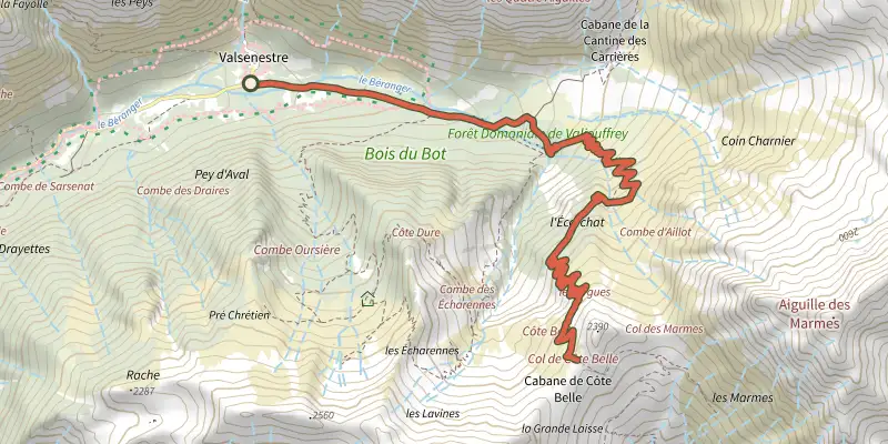 Carte du tracé de Col de Côte Belle depuis Valsenestre sur le Plan IGN, départ et points de passage numérotés