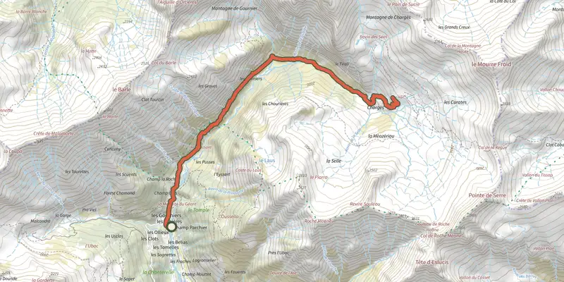 Map of the The Chargès source track on the IGN map, with the start and numbered waypoints