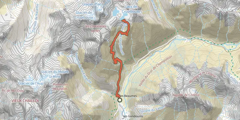 Map of the Crupillouse Lakes track on the IGN map, with the start and numbered waypoints