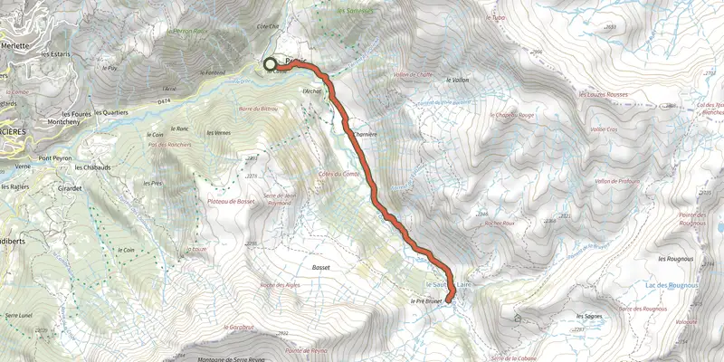 Carte du tracé de Le Saut du Laire sur le Plan IGN, départ et points de passage numérotés