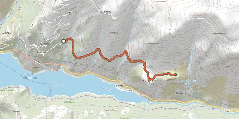 Map of the Lovitel lake and the Clots refuge track on the IGN map, with the start and numbered waypoints