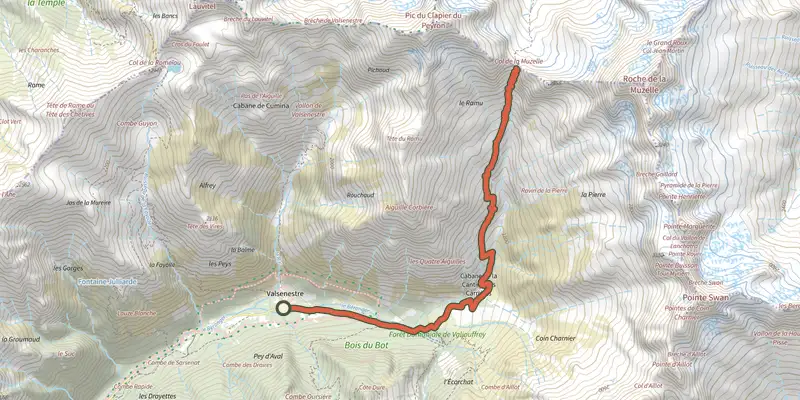 Map of the La Muzelle pass track on the IGN map, with the start and numbered waypoints