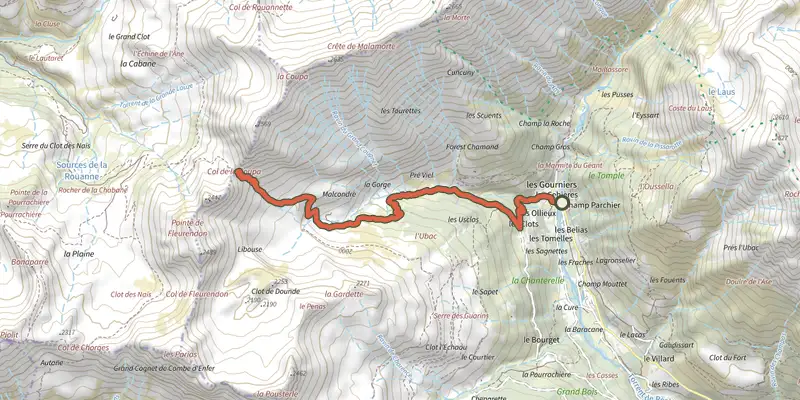 Map of the Le col de la Coupa track on the IGN map, with the start and numbered waypoints