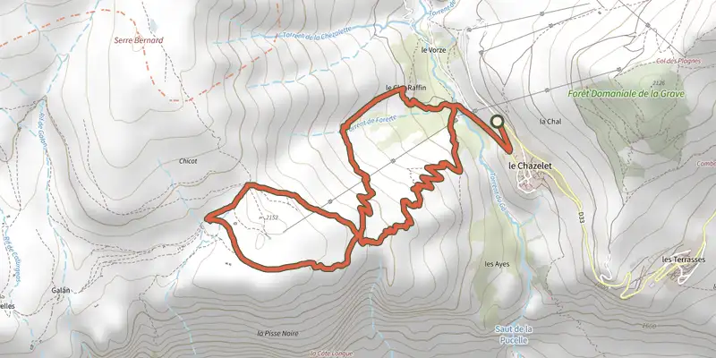 Map of the The mule path track on the IGN map, with the start and numbered waypoints