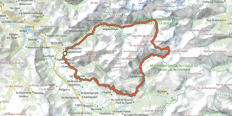 Carte du tracé de Tour du Vieux Chaillol sur le Plan IGN, départ et points de passage numérotés
