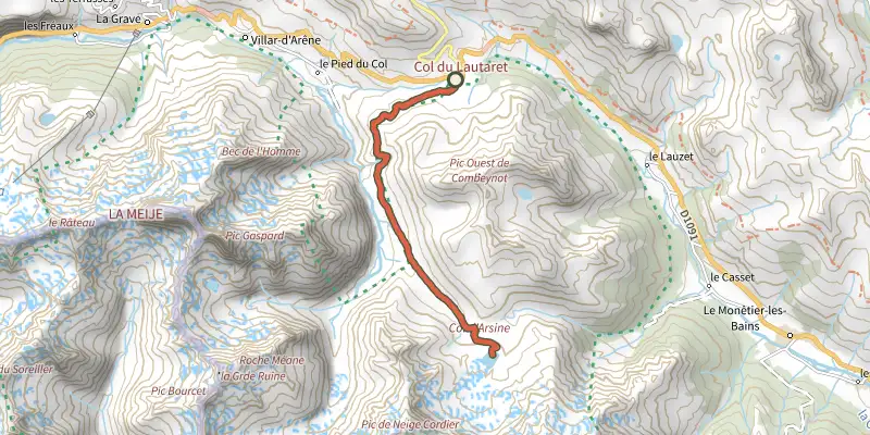 Carte du tracé de Le cirque d’Arsine par le sentier des Crevasses sur le Plan IGN, départ et points de passage numérotés