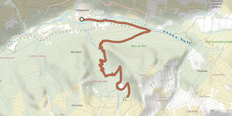 Carte du tracé de Combe Oursière sur le Plan IGN, départ et points de passage numérotés