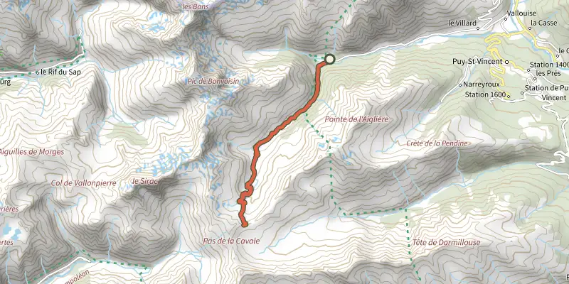 Map of the Col de l'Aup Martin track on the IGN map, with the start and numbered waypoints