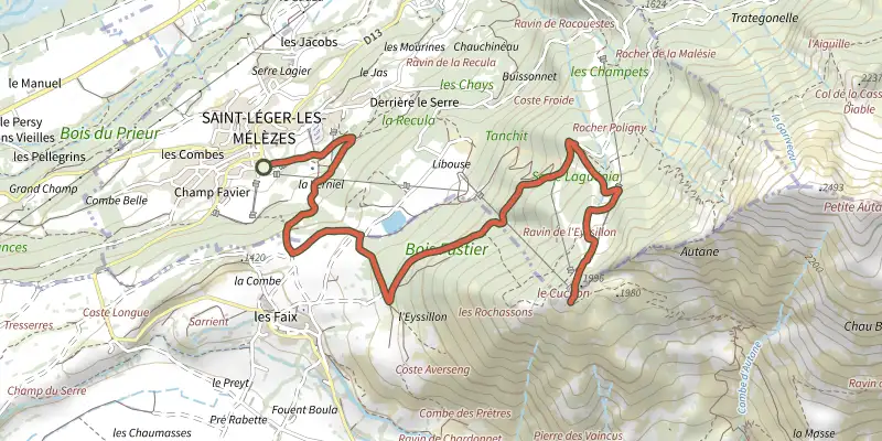 Carte du tracé de Le Cuchon sur le Plan IGN, départ et points de passage numérotés