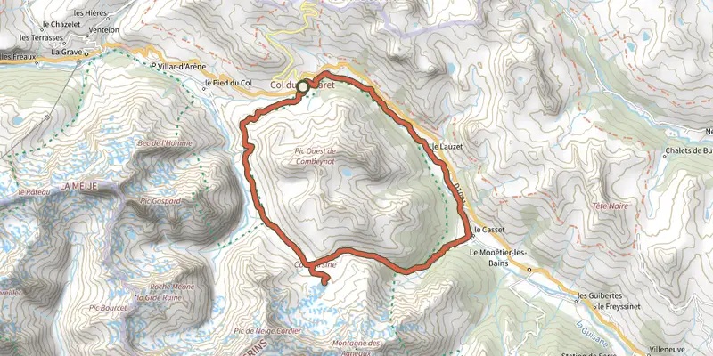 Map of the Tour of the Combeynot Peaks in three days track on the IGN map, with the start and numbered waypoints
