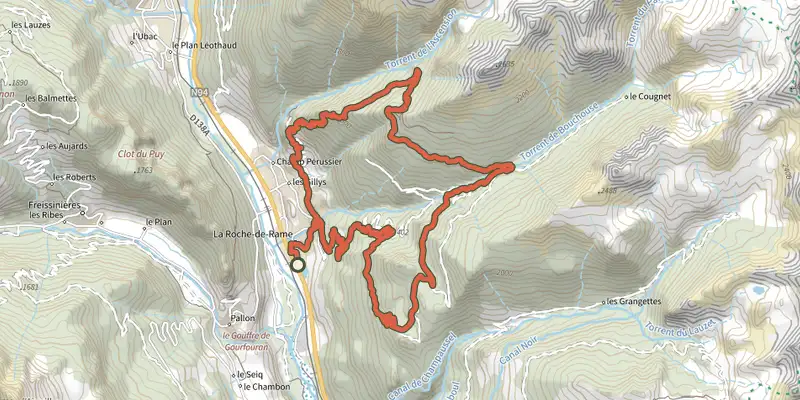 Carte du tracé de Trail N°08 - Le Lauzet sur OpenTopoMap, départ et points de passage numérotés