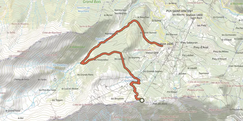 Map of the THEMED PATH: The larch forest path track on the IGN map, with the start and numbered waypoints