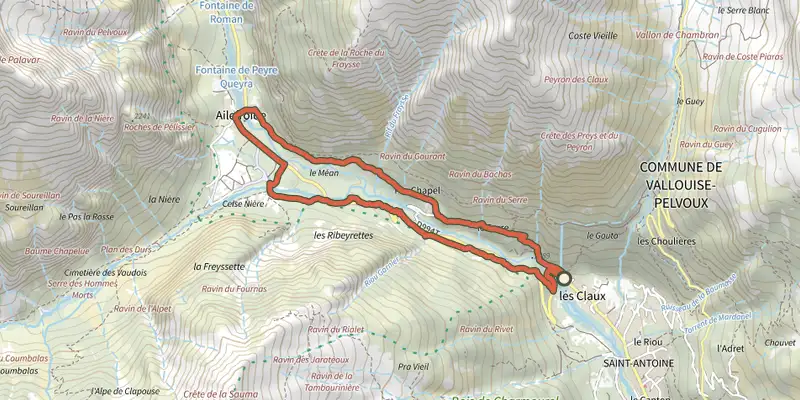 Carte du tracé de La boucle d’Ailefroide sur le Plan IGN, départ et points de passage numérotés