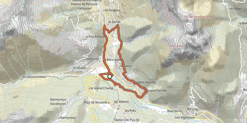 Map of the Exploring the hamlets of Vallouise and Pelvoux track on the IGN map, with the start and numbered waypoints