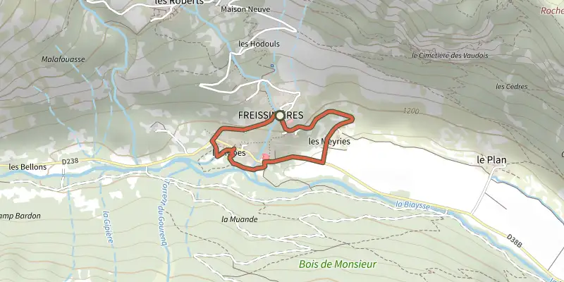 Map of the RANDOLAND: Freissinières track on the IGN map, with the start and numbered waypoints