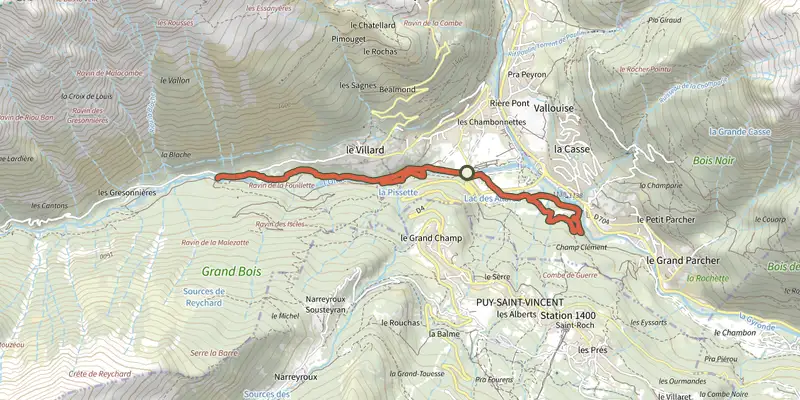 Carte du tracé de VTT N°05 - Circuit de l’Onde sur le Plan IGN, départ et points de passage numérotés