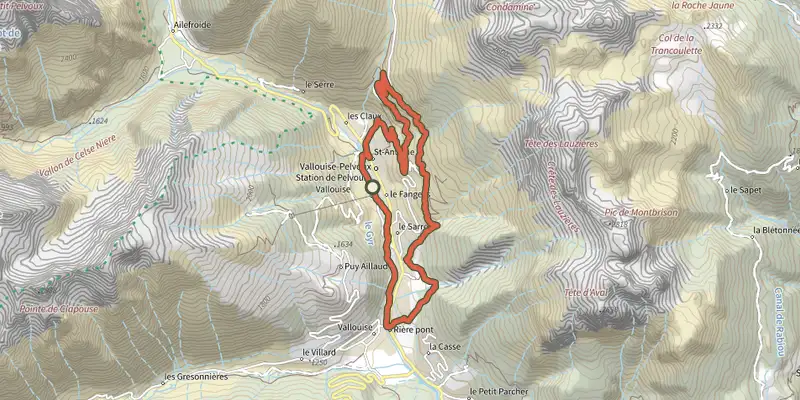 Carte du tracé de VTT N°03 - Circuit des Choulières sur le Plan IGN, départ et points de passage numérotés