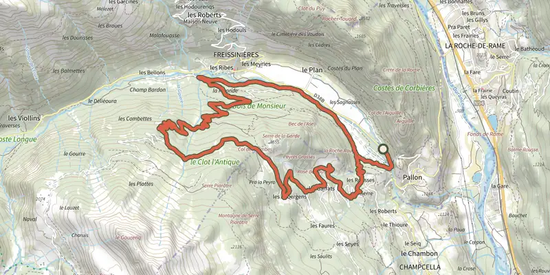 Map of the Col des Combes circuit (no. 9) track on the IGN map, with the start and numbered waypoints