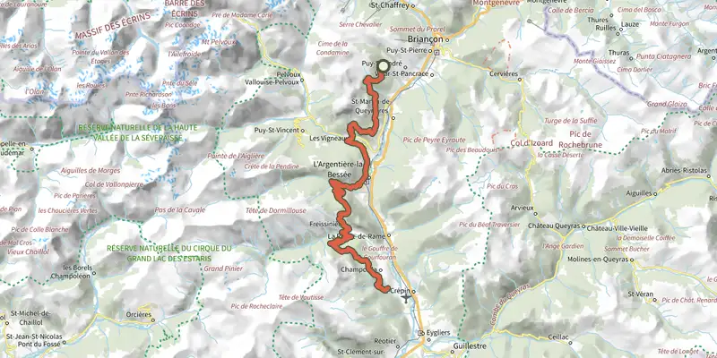 Map of the The Grande Traversée des Hautes-Alpes (GTHA) track on the IGN map, with the start and numbered waypoints