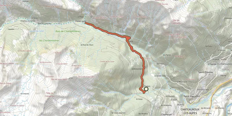 Map of the Cascade de la Pisse in Châteauroux-Les-Alpes track on the IGN map, with the start and numbered waypoints