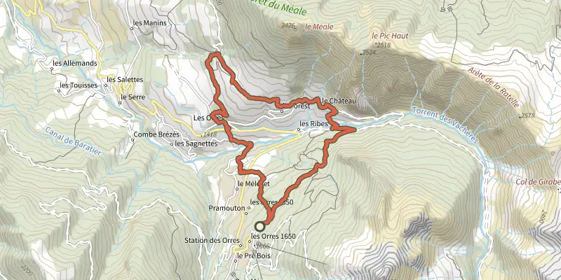 Carte du tracé de Lou Pastre sur le Plan IGN, départ et points de passage numérotés