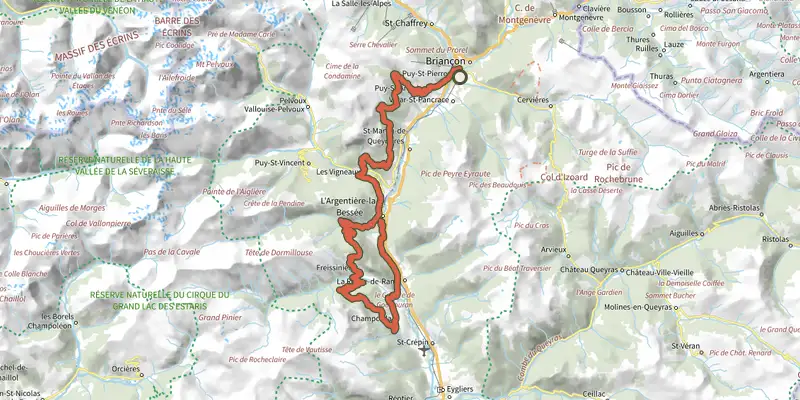 Map of the Traversée du Pays des Ecrins en VTT en 2 jours track on the IGN map, with the start and numbered waypoints
