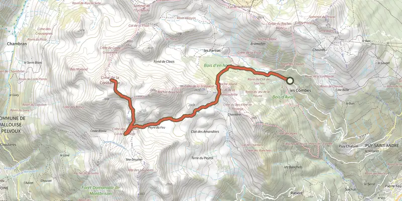 Map of the La cime de la Condamine track on OpenTopoMap, with the start and numbered waypoints