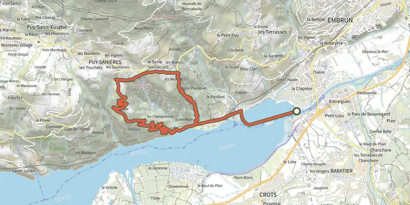 Map of the Combe des Champannes loop track on the IGN map, with the start and numbered waypoints