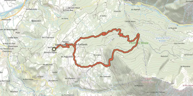 Map of the Le Clot de l'Aigue track on OpenTopoMap, with the start and numbered waypoints