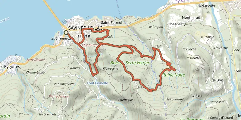 Carte du tracé de Serre-Verger sur le Plan IGN, départ et points de passage numérotés
