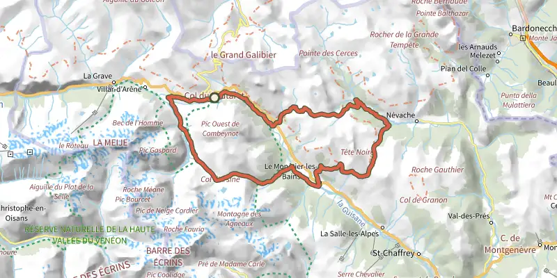 Map of the 6-day tour between Écrins and Clarée track on the IGN map, with the start and numbered waypoints