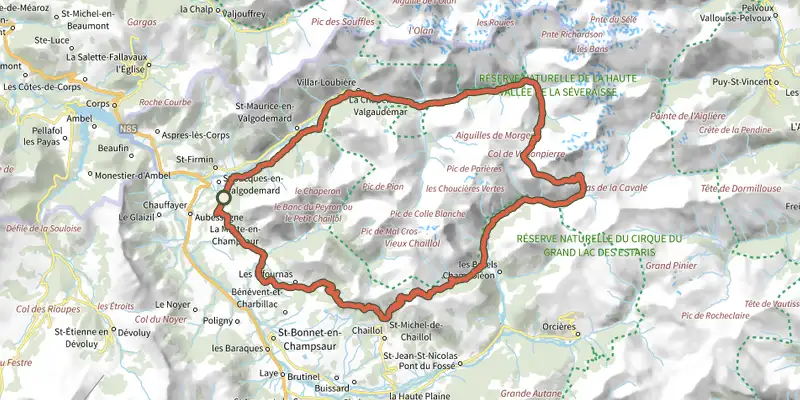 Carte du tracé de Tour du Vieux Chaillol par le Tourond en 6 jours sur le Plan IGN, départ et points de passage numérotés