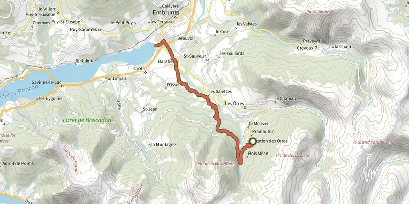 Map of the Descent from Les Orres track on the IGN map, with the start and numbered waypoints