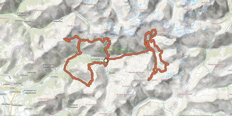 Carte du tracé de Tour des refuges en Valgaudemar en 6 jours, en Trail sur le Plan IGN, départ et points de passage numérotés
