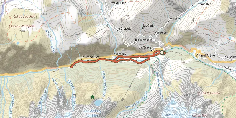 Carte du tracé de Au fil de la Romanche sur le Plan IGN, départ et points de passage numérotés