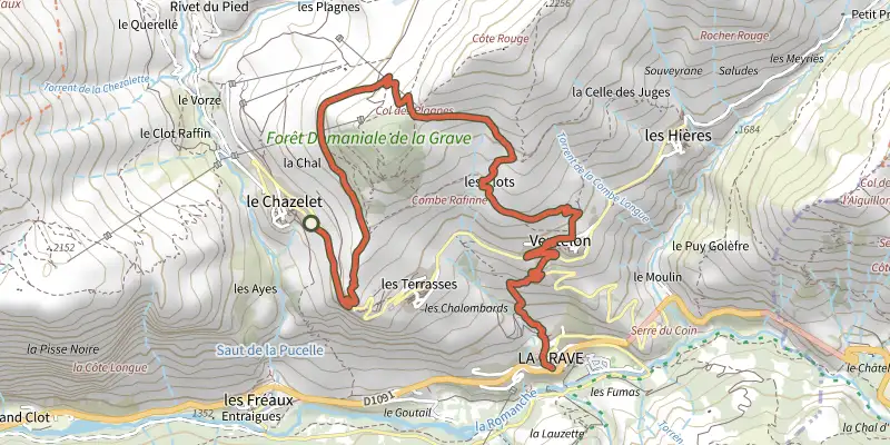 Carte du tracé de Enduro de la Grave sur le Plan IGN, départ et points de passage numérotés