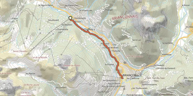 Carte du tracé de Chantemerle - Briançon - Premier tronçon de la Via Guisane sur le Plan IGN, départ et points de passage numérotés