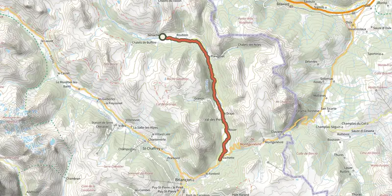 Map of the Descente de la Clarée track on OpenTopoMap, with the start and numbered waypoints