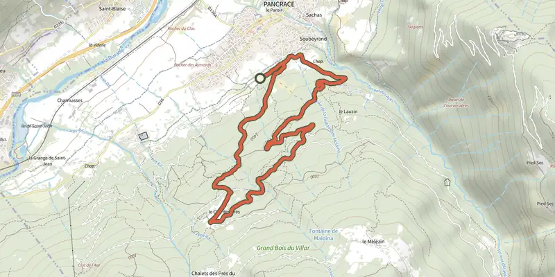 Carte du tracé de Le Clot de l'Ase sur le Plan IGN, départ et points de passage numérotés