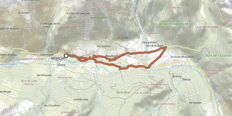 Map of the Les Hameaux de Nevache track on the IGN map, with the start and numbered waypoints