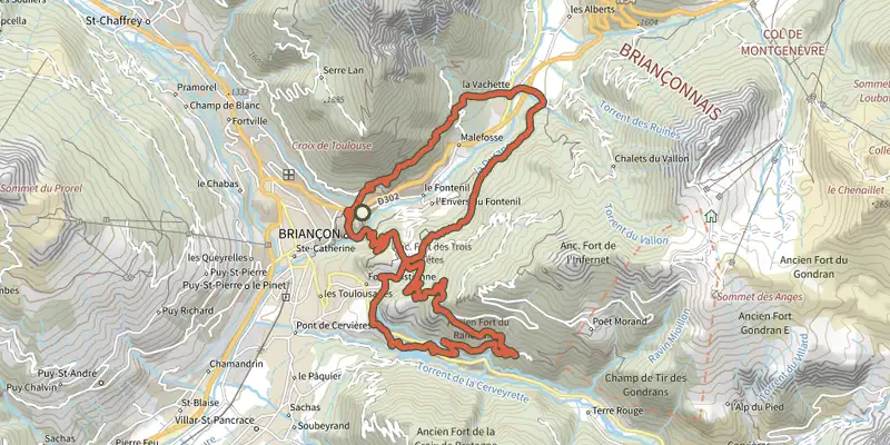 Carte du tracé de Le Tour des Forts de Briancon sur le Plan IGN, départ et points de passage numérotés